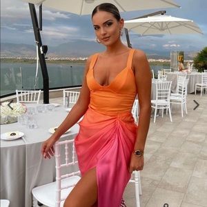 PINK AND ORANGE OMBRE MIDI DRESS WITH DRAPED SKIRT size 10